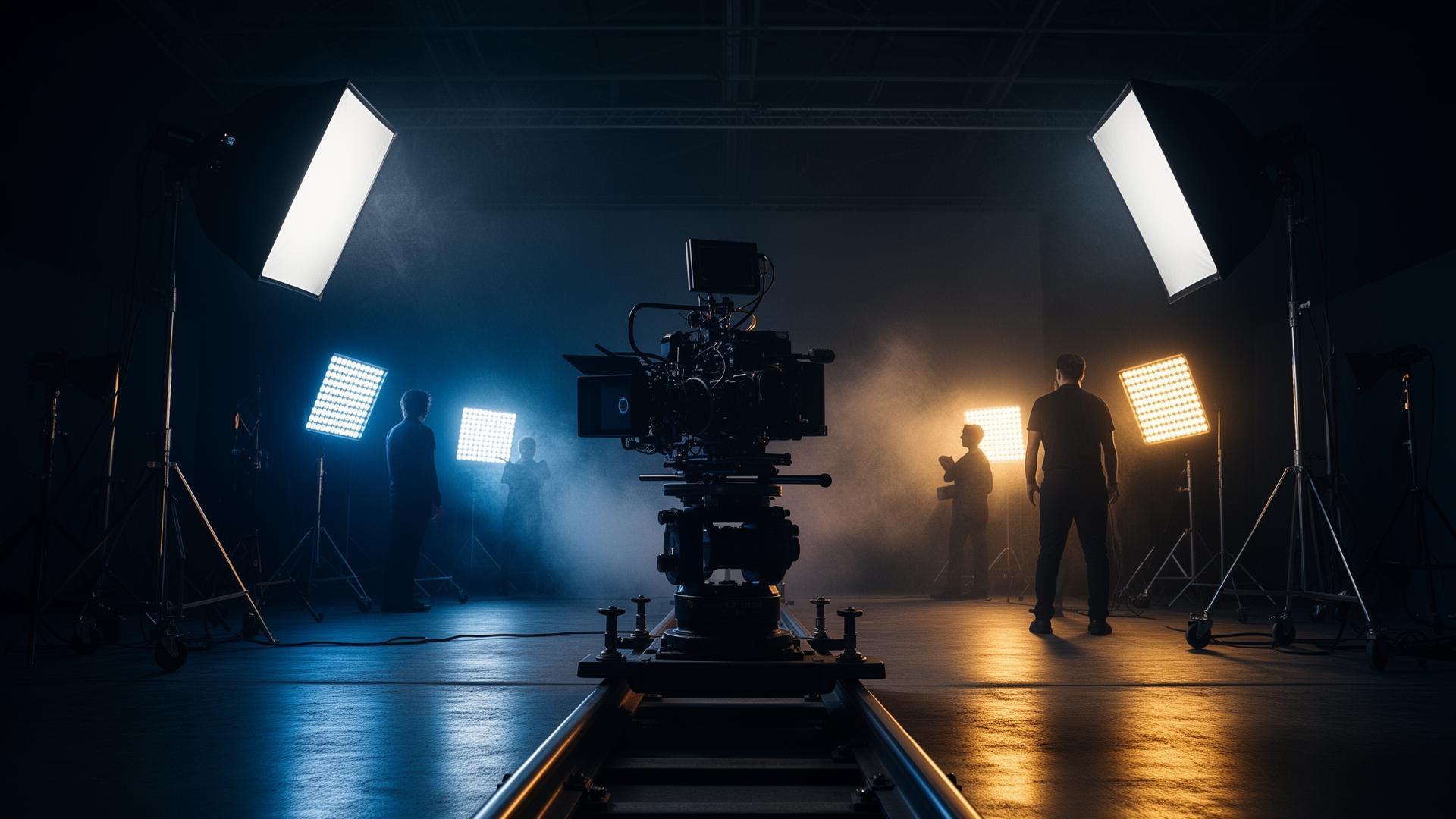Cinematic studio camera rig on heavy dolly rails
